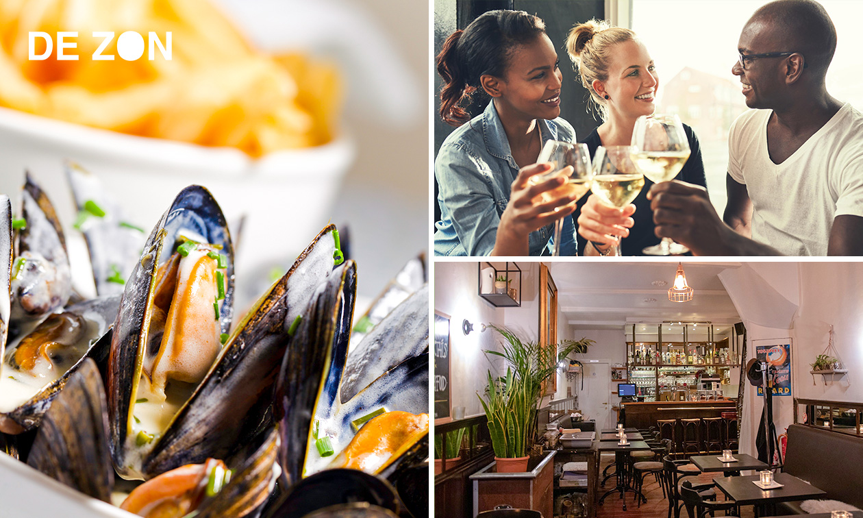 Zeeuwse Jumbomosselen + friet + glas wijn bij Brasserie De Zon in hartje Antwerpen