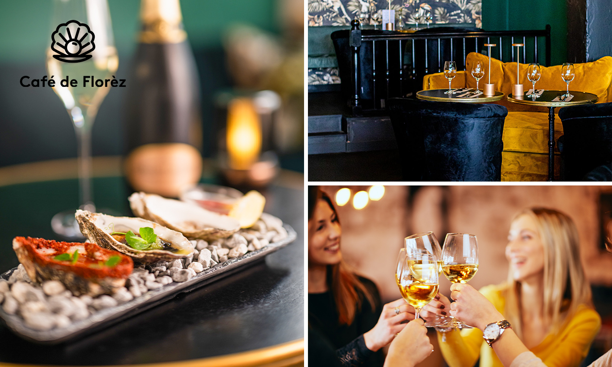 6 oesters en 2 glazen Crémant de Bourgogne voor 2 personen bij Café de Florèz