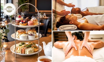 Luxe 5-gangen high tea (2 uur) + duo-gezichtsbehandeling of massage (25 min) bij De Pulle