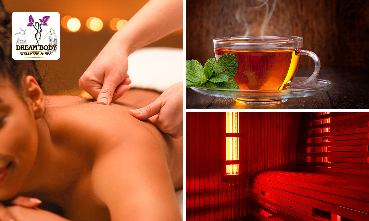 Ontspanningsmassage (60 min) + thee + evt. infraroodsauna (30 min) Ontspanningsmassage (60 min) + thee + evt. infraroodsauna (30 min)