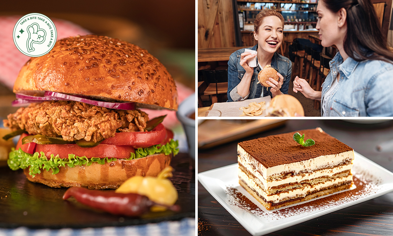Hamburger of Griekse pita + friet, saus, drankje & dessert