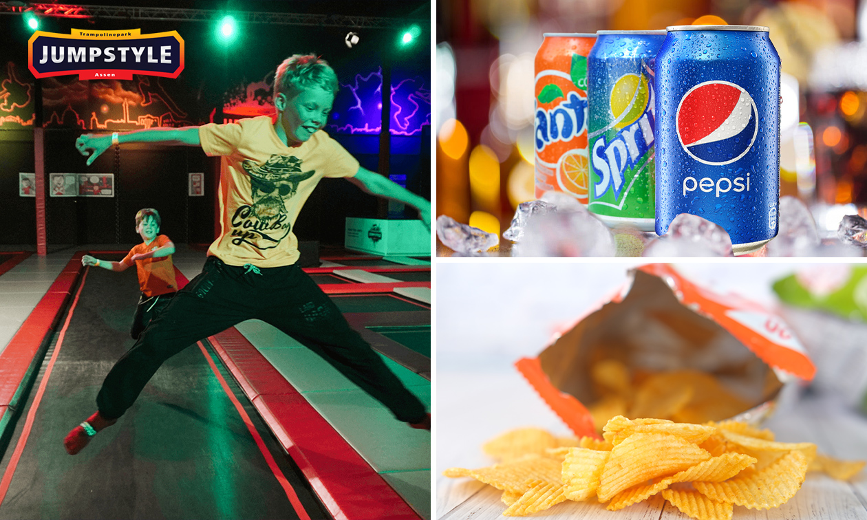Trampolinespringen (2 of 3 uur) + sokken + evt. frisdrank + chips