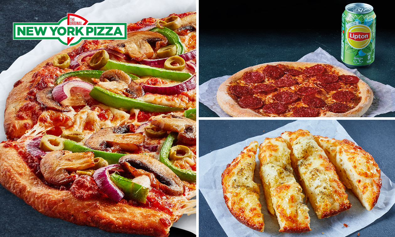 Pizza (25 cm) naar keuze + bijgerecht of fris voor afhaal bij New York Pizza