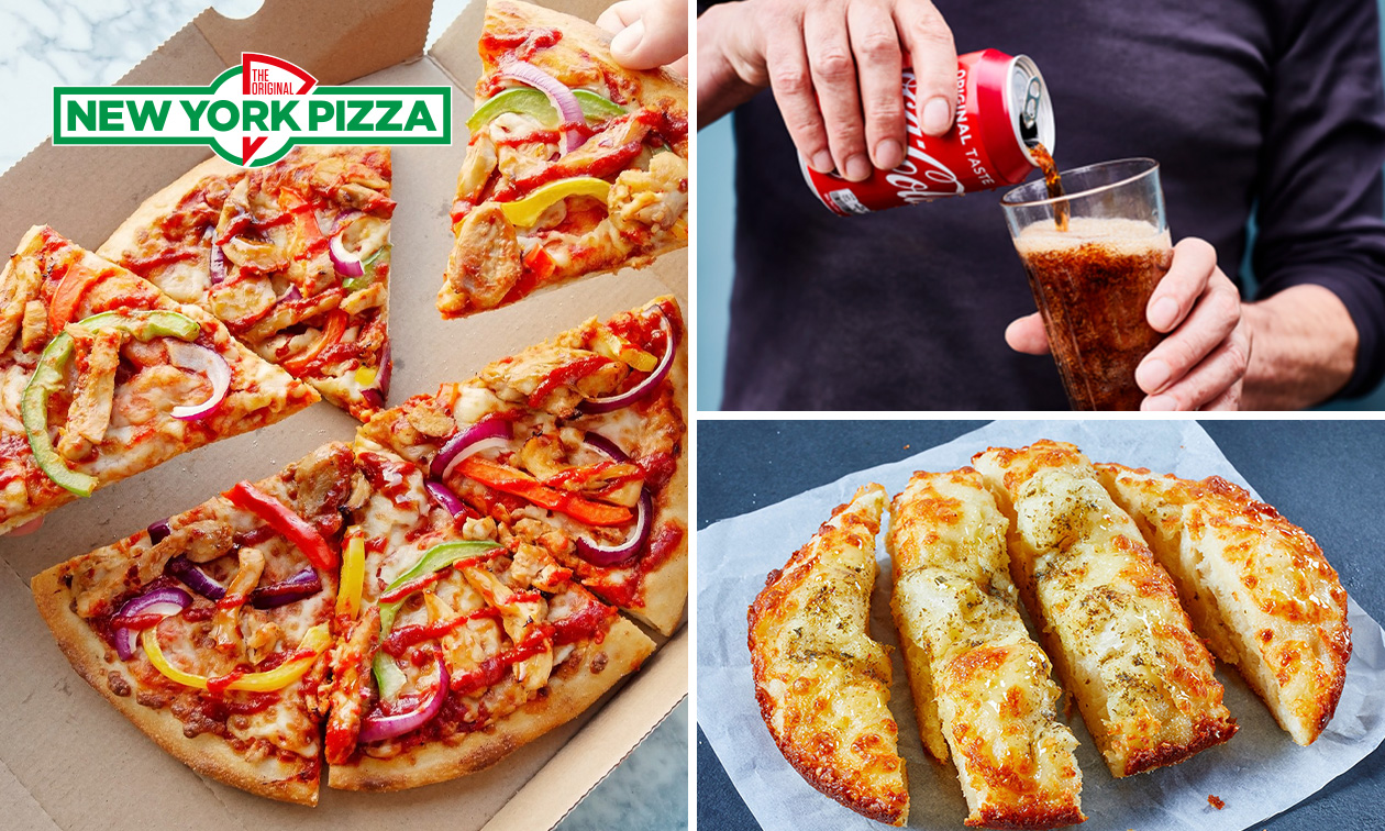 Pizza (25 cm) + bijgerecht of fris voor afhaal bij New York Pizza Pizza (25 cm) + bijgerecht of fris voor afhaal bij New York Pizza