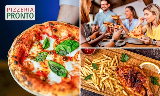 Pizza naar keuze (32 cm) of halve kip + rijst of patat + salade in Den Haag