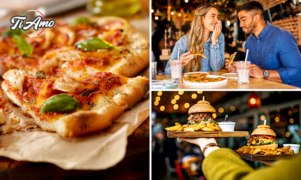 Pizza, pasta, kipburger, wrap of schotel naar keuze voor dine-in of afhaal Pizza, pasta, kipburger, wrap of schotel naar keuze voor dine-in of afhaal