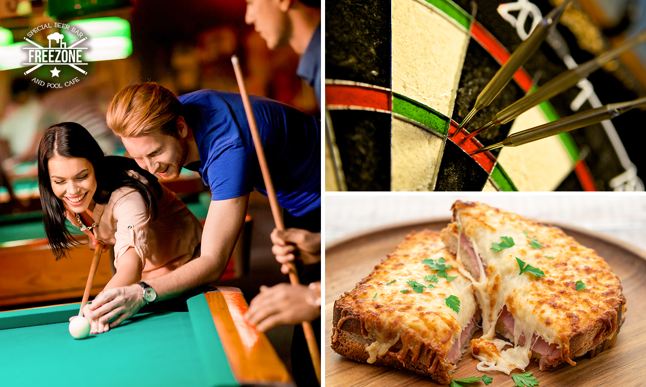 Poolen (1 of 1,5 uur) + evt. darten (1 uur) + tosti's of bier naar keuze + nootjes